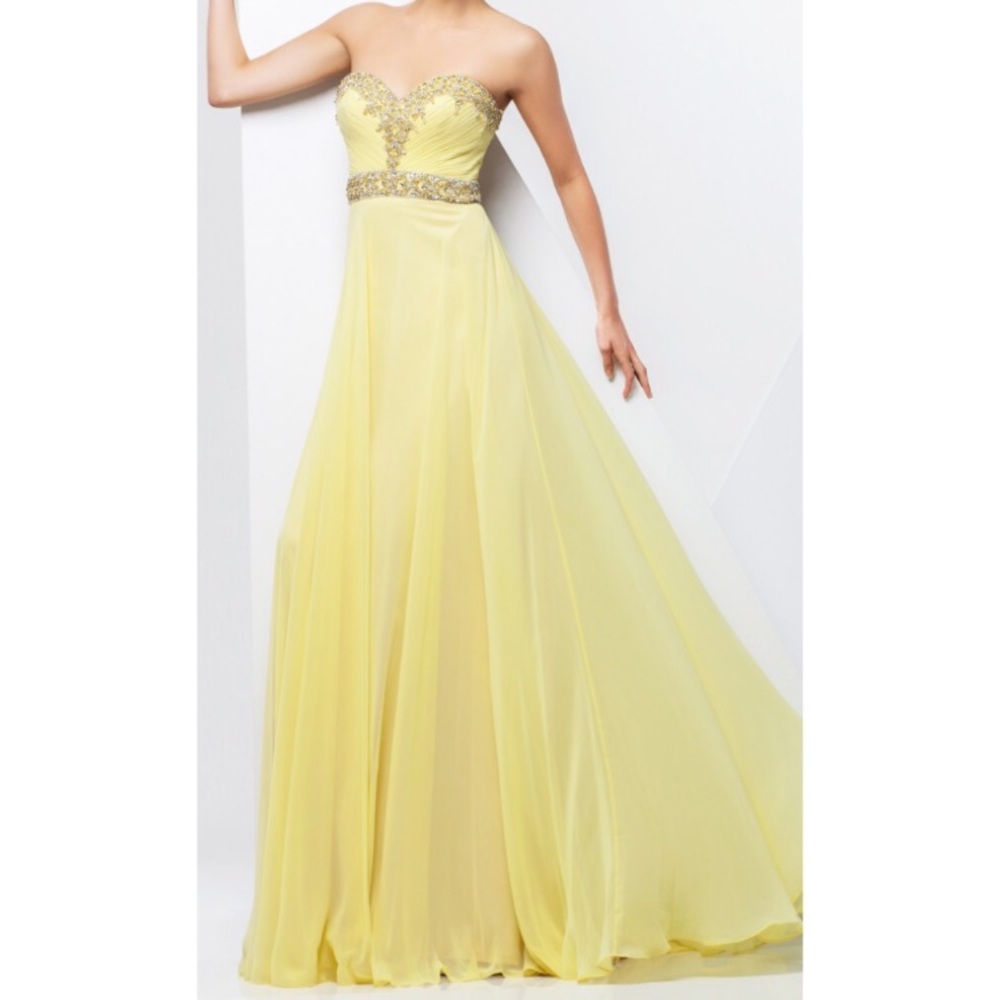 Yellow strapless Tony Bowls gown